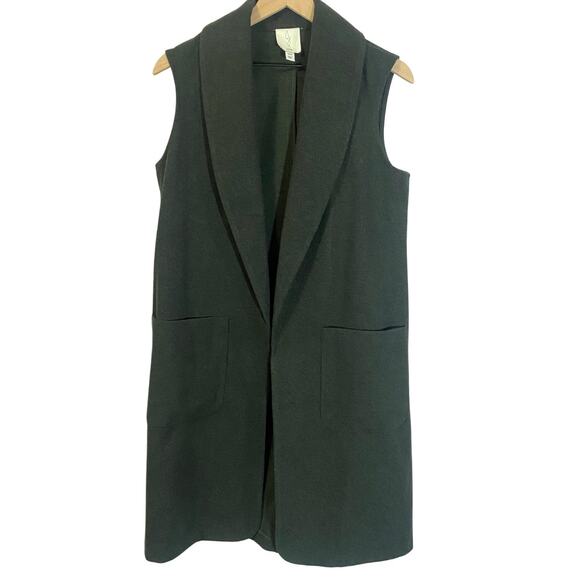 Joie Dark Hunter Green Felted Long Duster Vest Open Front Collared Pockets Sz M - Picture 1 of 8